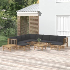 Set de muebles de jardín 12 pzas bambú con cojines gris oscuro en Conjuntos de jardín | Comprar online en Foru.es
