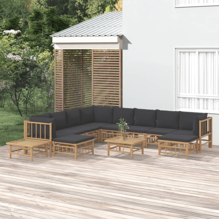 Set de muebles de jardín 12 pzas bambú con cojines gris oscuro en Conjuntos de jardín | Comprar online en Foru.es