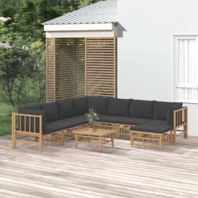 Set de muebles de jardín 9 piezas bambú con cojines gris oscuro en Conjuntos de jardín | Comprar online en Foru.es