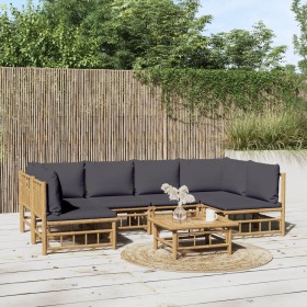 Set de muebles de jardín 7 piezas bambú con cojines gris oscuro en Conjuntos de jardín | Comprar online en Foru.es