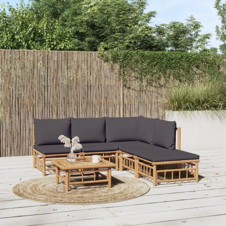 Set de muebles de jardín 6 piezas bambú con cojines gris oscuro en Conjuntos de jardín | Comprar online en Foru.es