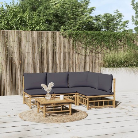 Set de muebles de jardín 5 piezas bambú con cojines gris oscuro en Conjuntos de jardín | Comprar online en Foru.es