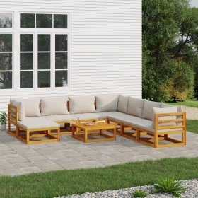 Set muebles de jardín 9 pzas madera maciza y cojines gris claro en Conjuntos de jardín | Comprar online en Foru.es