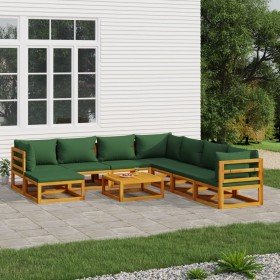 Juego muebles de jardín 9 piezas madera maciza y cojines verdes en Conjuntos de jardín | Comprar online en Foru.es