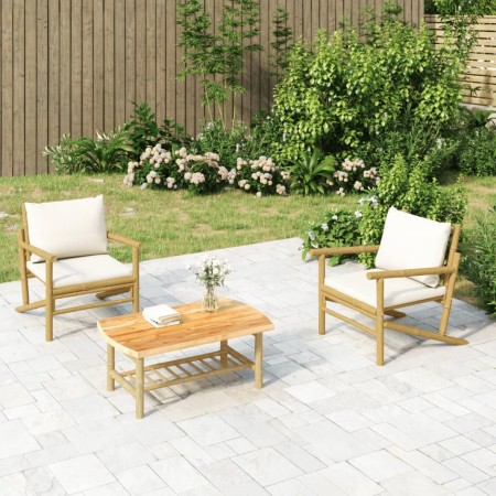Set de muebles de jardín 3 piezas bambú y cojines blanco crema en Conjuntos de jardín | Comprar online en Foru.es