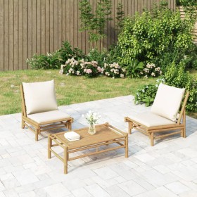 Set de muebles de jardín 3 piezas bambú y cojines blanco crema en Conjuntos de jardín | Comprar online en Foru.es