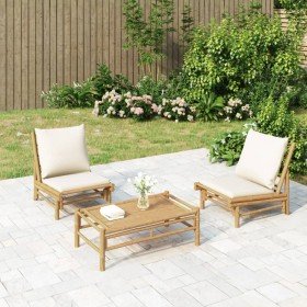 Set de muebles de jardín 3 piezas bambú y cojines blanco crema en Conjuntos de jardín | Comprar online en Foru.es