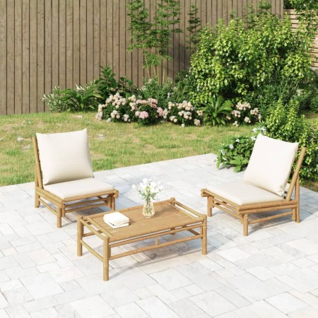 Set de muebles de jardín 3 piezas bambú y cojines blanco crema en Conjuntos de jardín | Comprar online en Foru.es