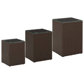 Mesa auxiliar 3 pzas superficie vidrio ratán sintético marrón de vidaXL, Mesas auxiliares - Ref: Foro24-316380, Precio: 85,21...