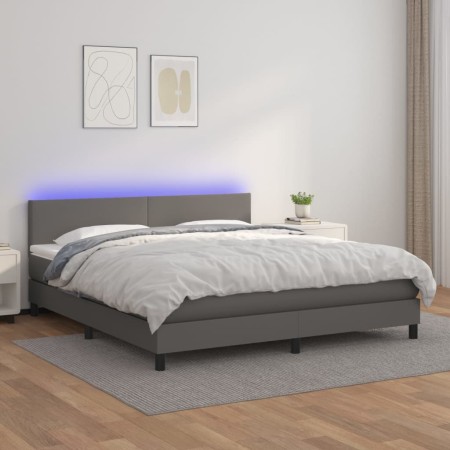Cama box spring colchón y LED cuero sintético gris 160x200 cm de vidaXL, Camas y somieres - Ref: Foro24-3134115, Precio: 514,...