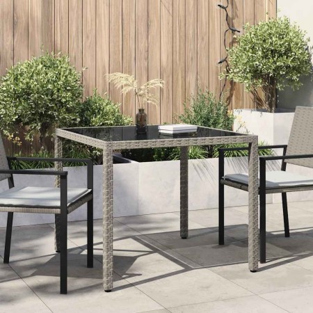 Mesa jardín vidrio templado ratán sintético 90x90x75 cm gris en Mesas de jardín | Comprar online en Foru.es