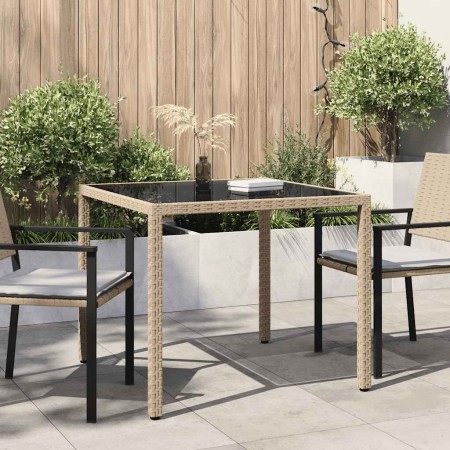 Mesa jardín vidrio templado ratán sintético 90x90x75 cm gris en Mesas de jardín | Comprar online en Foru.es