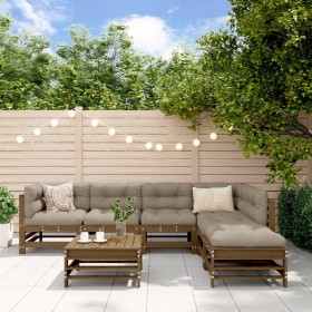 Juego muebles jardín 7 pzas y cojines madera maciza marrón miel en Conjuntos de jardín | Comprar online en Foru.es