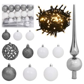 Set de bolas de Navidad 61 pzas con pico 150 LED blanco y gris de vidaXL, Luces de Navidad - Ref: Foro24-330099, Precio: 28,1...