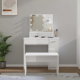 Juego de tocador con LED madera contrachapada blanco brillante de vidaXL, Tocadores para dormitorios - Ref: Foro24-3114119, P...
