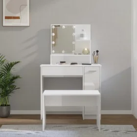 Juego de tocador con LED madera contrachapada blanco brillante de vidaXL, Tocadores para dormitorios - Ref: Foro24-3114119, P...
