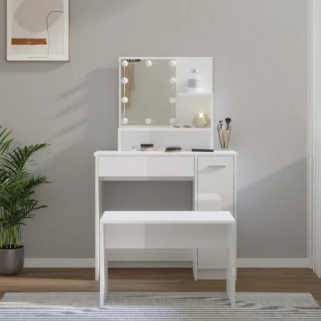 Juego de tocador con LED madera contrachapada blanco brillante de vidaXL, Tocadores para dormitorios - Ref: Foro24-3114119, P...