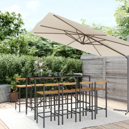 Mesa bar y taburetes jardín 9 pzas madera acacia ratán PE negro en Conjuntos de jardín | Comprar online en Foru.es