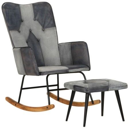 Mecedora con taburete cuero auténtico y lona gris de vidaXL, Mecedoras - Ref: Foro24-339709, Precio: 130,28 €, Descuento: %