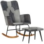 Mecedora con taburete cuero auténtico y lona gris de vidaXL, Mecedoras - Ref: Foro24-339709, Precio: 130,28 €, Descuento: %