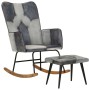 Mecedora con taburete cuero auténtico y lona gris de vidaXL, Mecedoras - Ref: Foro24-339709, Precio: 130,28 €, Descuento: %