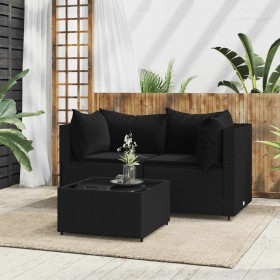 Set de muebles de jardín 3 pzas y cojines ratán sintético negro en Sofás de exterior | Comprar online en Foru.es