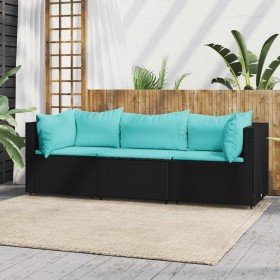 Set de muebles de jardín 3 pzas y cojines ratán sintético negro en Sofás de exterior | Comprar online en Foru.es