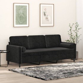 Sofá de 3 plazas con cojines terciopelo negro 180 cm en Sofás | Comprar online en Foru.es