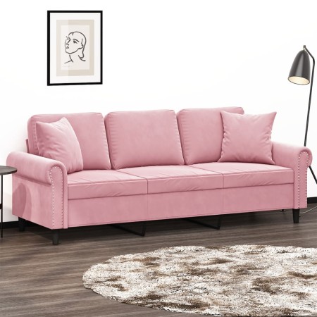 Sofá de 3 plazas con cojines terciopelo rosa 180 cm en Sofás | Comprar online en Foru.es