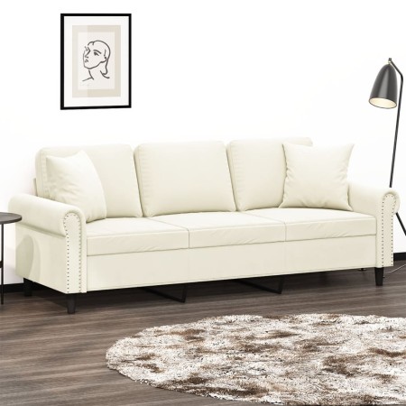 Sofá de 3 plazas con cojines terciopelo color crema 180 cm en Sofás | Comprar online en Foru.es