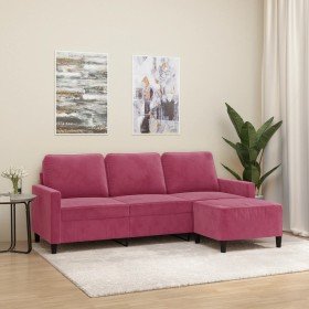 Sofá de 3 plazas con taburete de terciopelo rojo tinto 180 cm en Sofás | Comprar online en Foru.es