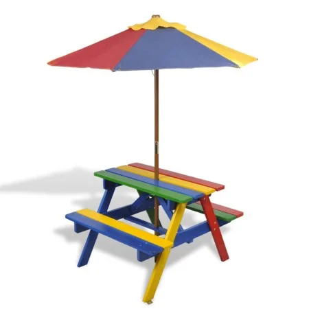 Mesa de picnic y bancos de niños y sombrilla madera multicolor de vidaXL, Mesas de jardín - Ref: Foro24-40773, Precio: 89,71 ...