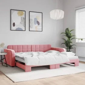 Pink velvet trundle sofa bed 90x200 cm by vidaXL, Beds and slatted bases - Ref: Foro24-3196932, Price: 305,96 €, Discount: %