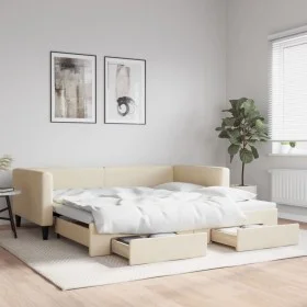 Trundle sofa bed with drawers cream fabric 100x200 cm by vidaXL, Beds and slatted bases - Ref: Foro24-3196623, Price: 291,90 ...