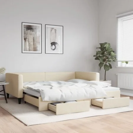 Trundle sofa bed with drawers cream fabric 100x200 cm by vidaXL, Beds and slatted bases - Ref: Foro24-3196623, Price: 291,90 ...