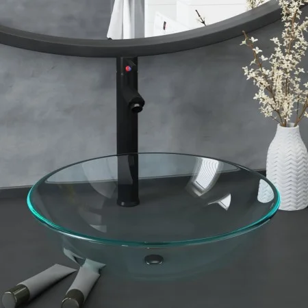 Washbasin with faucet and transparent tempered glass push-button stopper by vidaXL, Sinks - Ref: Foro24-3098440, Price: 88,77...