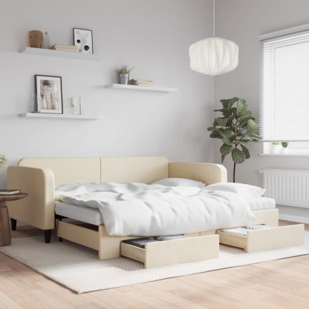 Sofá cama nido con cajones tela color crema 100x200 cm de vidaXL, Camas y somieres - Ref: Foro24-3196879, Precio: 470,38 €, D...