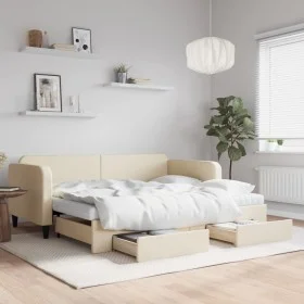 Trundle sofa bed with drawers cream fabric 90x200 cm by vidaXL, Beds and slatted bases - Ref: Foro24-3196874, Price: 477,48 €...