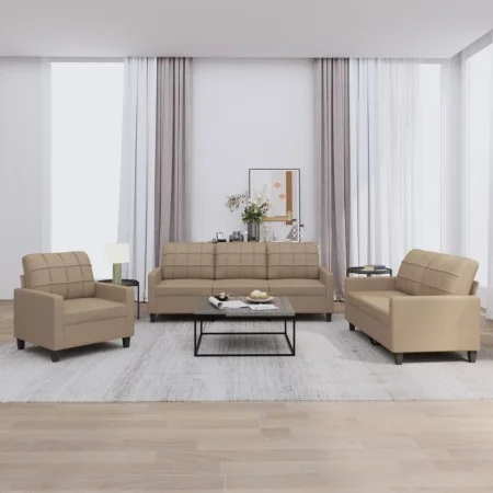 Cappuccino synthetic leather 3-piece sofa set with cushions by vidaXL, Sofas - Ref: Foro24-3201342, Price: 609,39 €, Discount: %