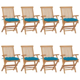 Sillas de jardín 8 uds madera teca con cojines azul claro de vidaXL, Sillas de jardín - Ref: Foro24-3072908, Precio: 656,10 €...