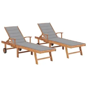 Tumbonas 2 unidadesds madera maciza de teca con cojín gris de vidaXL, Tumbonas - Ref: Foro24-3073187, Precio: 584,68 €, Descu...