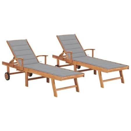Sun loungers 2 units solid teak wood with gray cushion by vidaXL, Loungers - Ref: Foro24-3073187, Price: 584,68 €, Discount: %