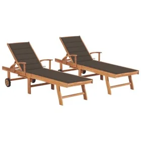 2 teak solid wood sun loungers with taupe gray cushions by vidaXL, Loungers - Ref: Foro24-3073194, Price: 595,72 €, Discount: %