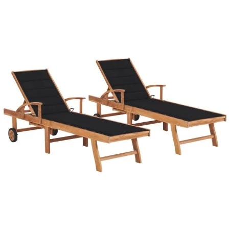 Sun loungers 2 units solid teak wood with black cushion by vidaXL, Loungers - Ref: Foro24-3073193, Price: 584,68 €, Discount: %