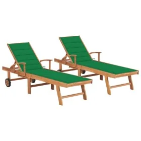 Sun loungers 2 units solid teak wood with green cushion by vidaXL, Loungers - Ref: Foro24-3073191, Price: 584,38 €, Discount: %