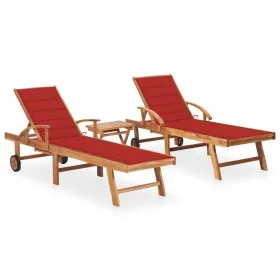 Tumbonas 2 unidades madera maciza de teca con mesita y cojín de vidaXL, Tumbonas - Ref: Foro24-3073177, Precio: 601,71 €, Des...