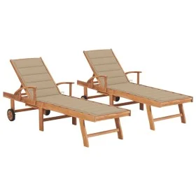 2 teak solid wood sun loungers with cream cushion by vidaXL, Loungers - Ref: Foro24-3073189, Price: 584,68 €, Discount: %