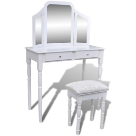 Tocador con espejo 3 en 1 taburete y 2 cajones blanco de vidaXL, Tocadores para dormitorios - Ref: Foro24-241003, Precio: 162...