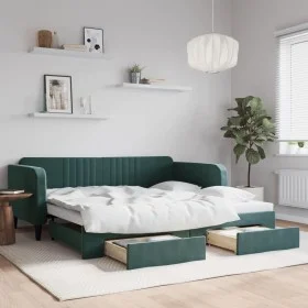 Trundle sofa bed with drawers dark green velvet 100x200 cm by vidaXL, Beds and slatted bases - Ref: Foro24-3197120, Price: 29...