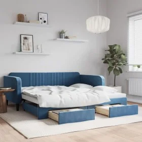 Trundle sofa bed with drawers blue velvet 100x200 cm by vidaXL, Beds and slatted bases - Ref: Foro24-3197117, Price: 297,42 €...